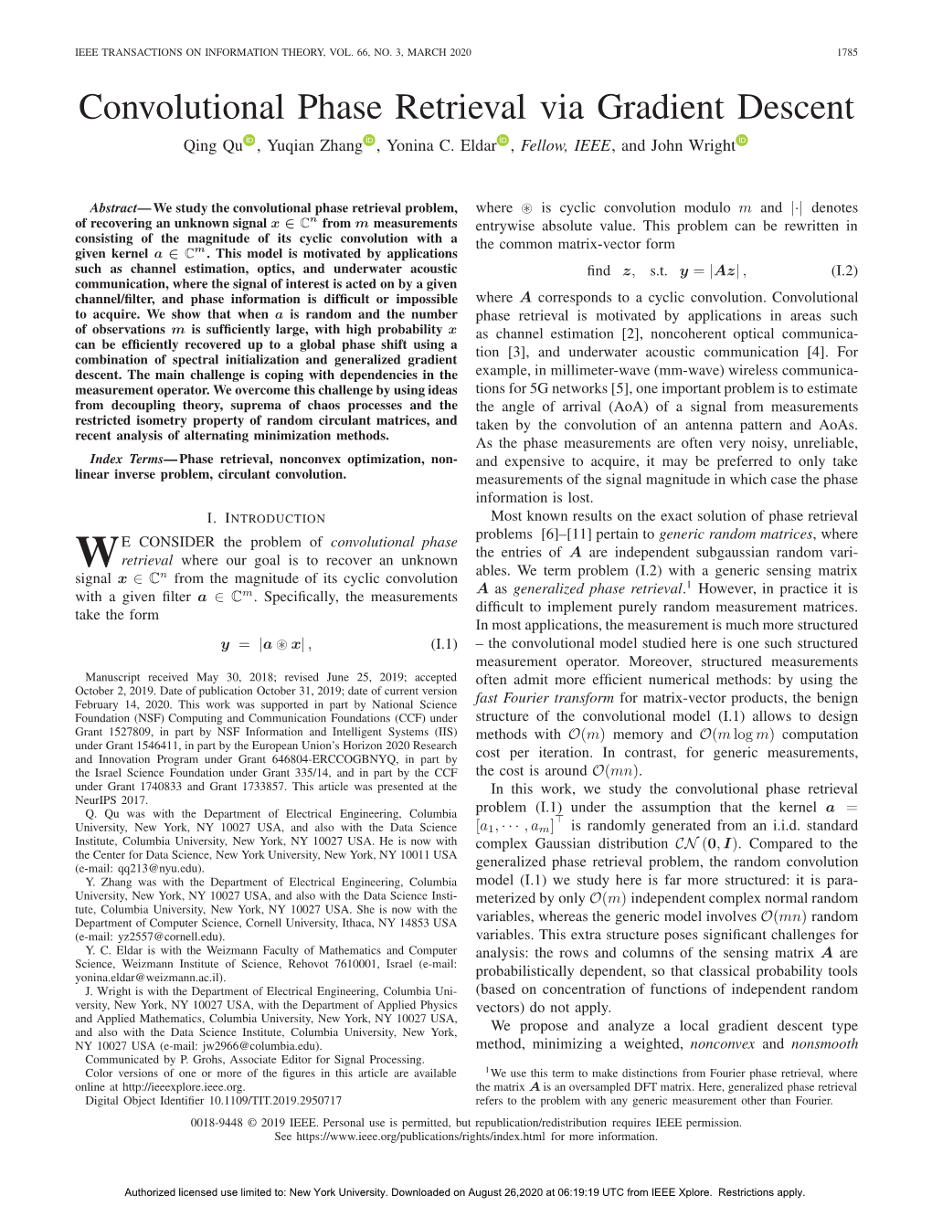 Convolutional Phase Retrieval Via Gradient Descent Qing Qu , Yuqian Zhang , Yonina C