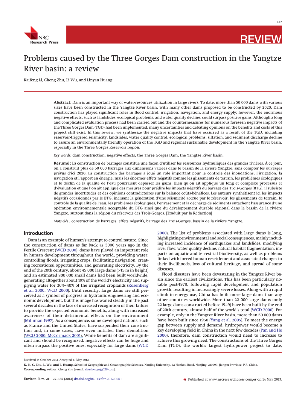 Problems Caused by the Three Gorges Dam Construction in the Yangtze River Basin: a Review