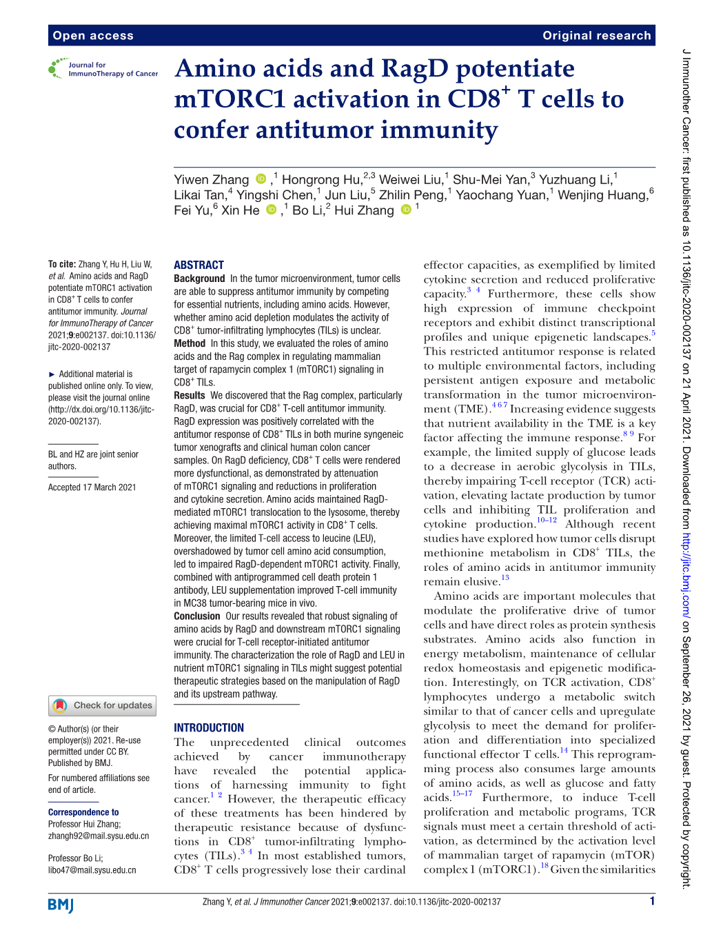 Amino Acids and Ragd Potentiate Mtorc1 Activation in CD8+ T Cells to Confer Antitumor Immunity