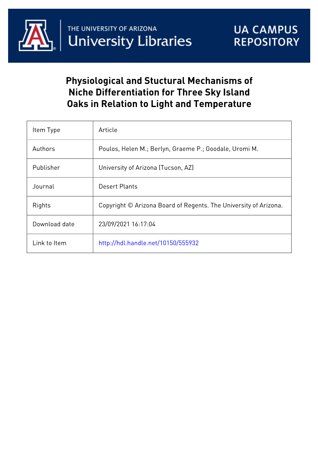 Physiological and Structural Mechanisms of Niche