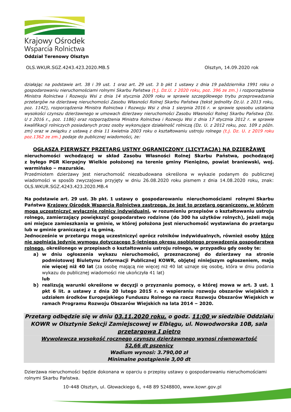 Przetarg Odbędzie Się W Dniu 03.11.2020 Roku, O Godz. 11:00 W Siedzibie Oddziału KOWR W Olsztynie Sekcji Zamiejscowej W Elblągu, Ul