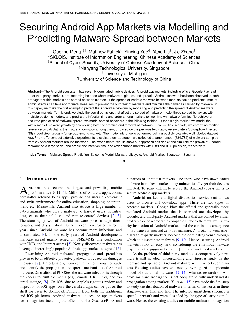Securing Android App Markets Via Modelling and Predicting Malware Spread Between Markets