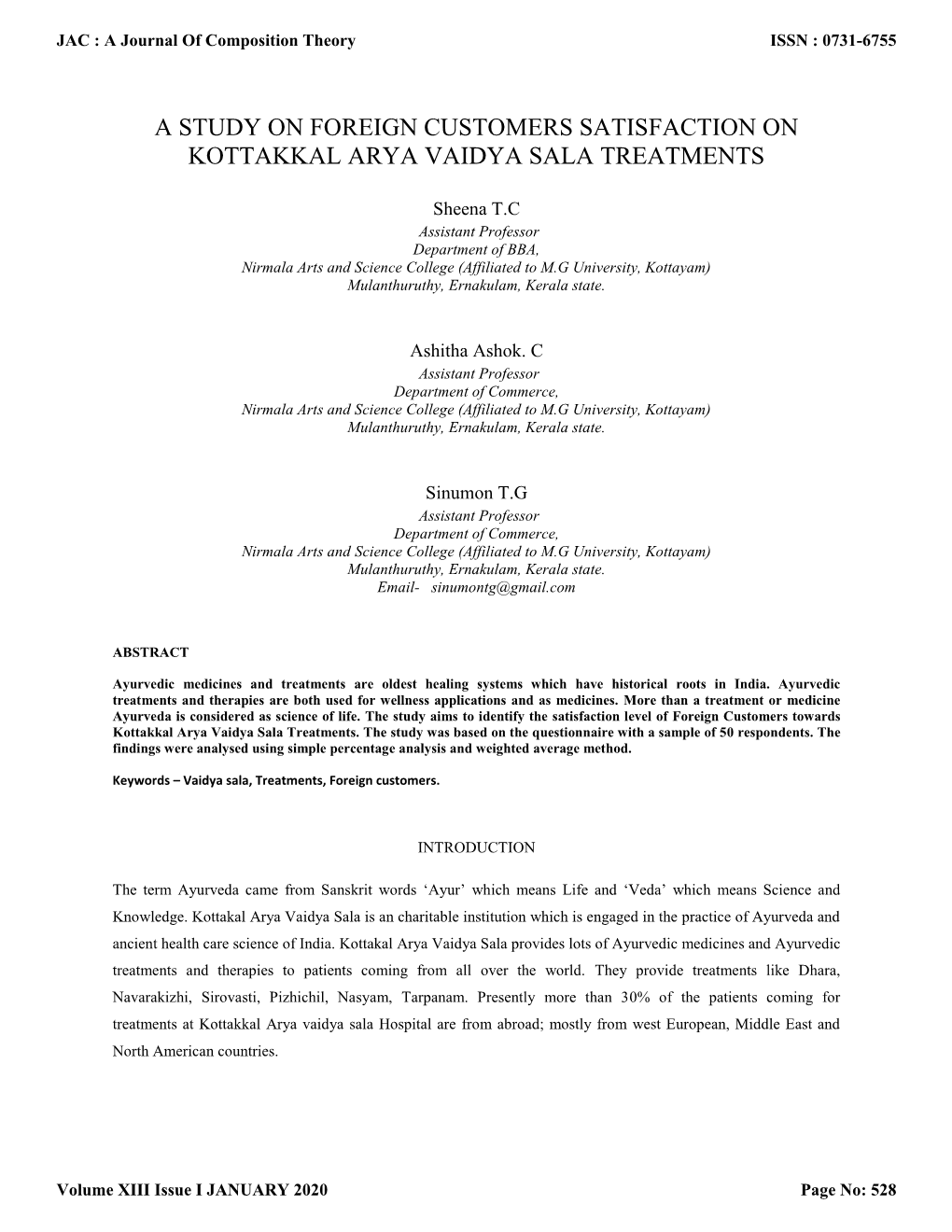 A Study on Foreign Customers Satisfaction on Kottakkal Arya Vaidya Sala Treatments