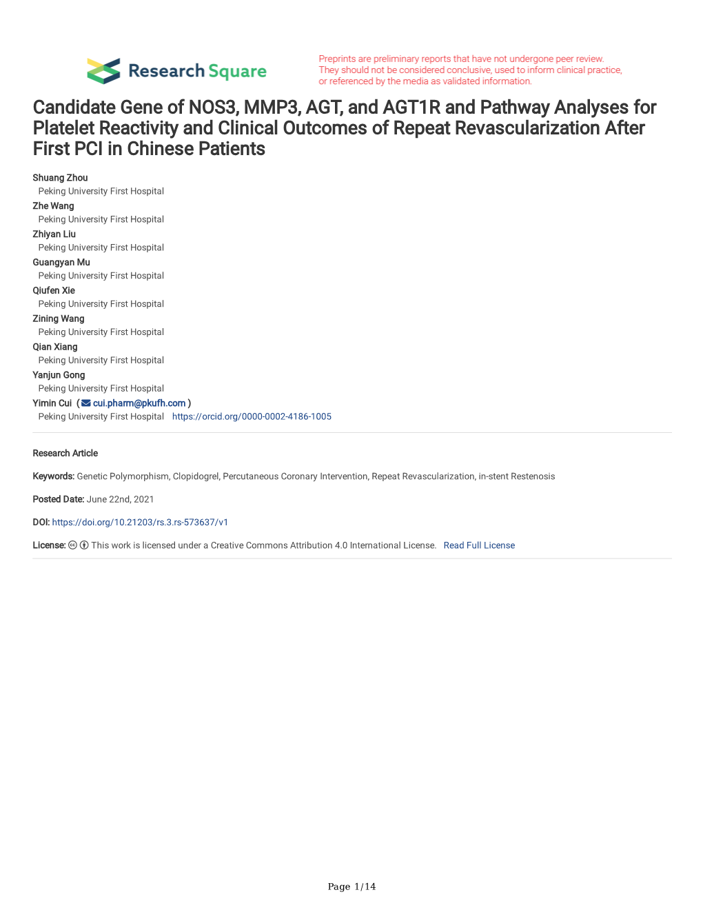 Candidate Gene of NOS3, MMP3, AGT, and AGT1R and Pathway Analyses for Platelet Reactivity and Clinical Outcomes of Repeat Revasc