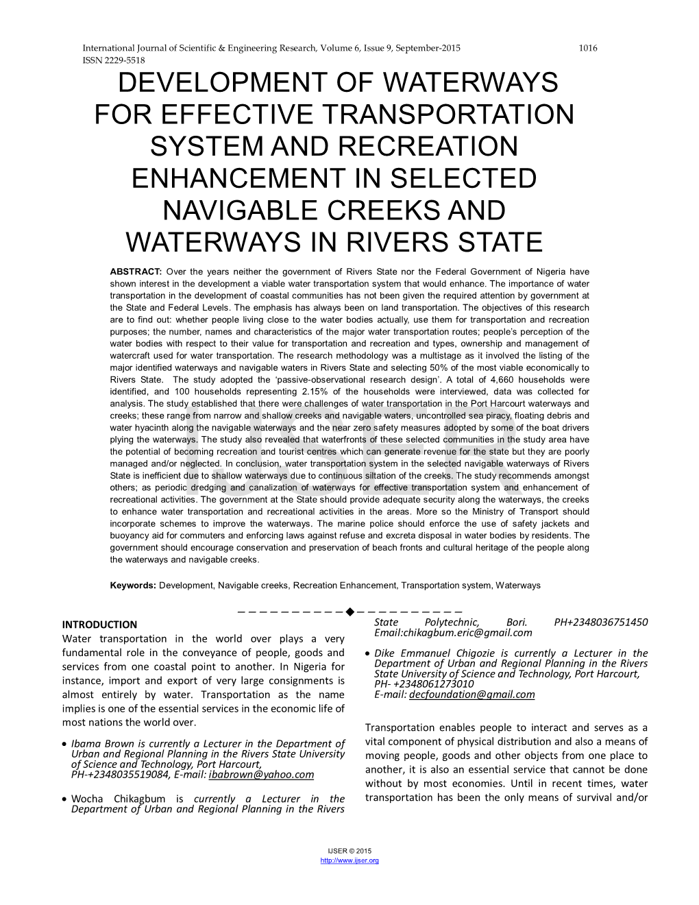 Development of Waterways for Effective