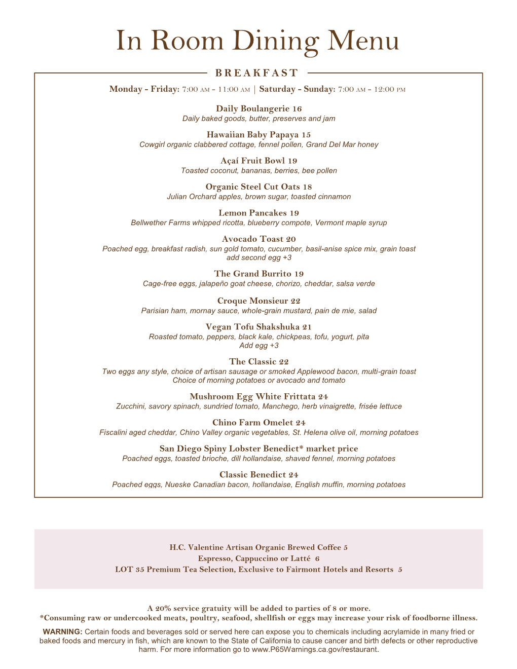 View Our in Room Dining Menu