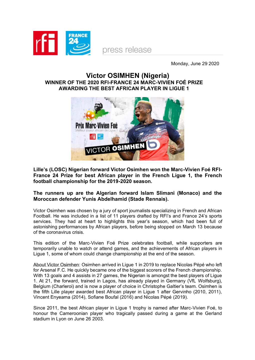 Victor OSIMHEN (Nigeria) WINNER of the 2020 RFI-FRANCE 24 MARC-VIVIEN FOÉ PRIZE AWARDING the BEST AFRICAN PLAYER in LIGUE 1