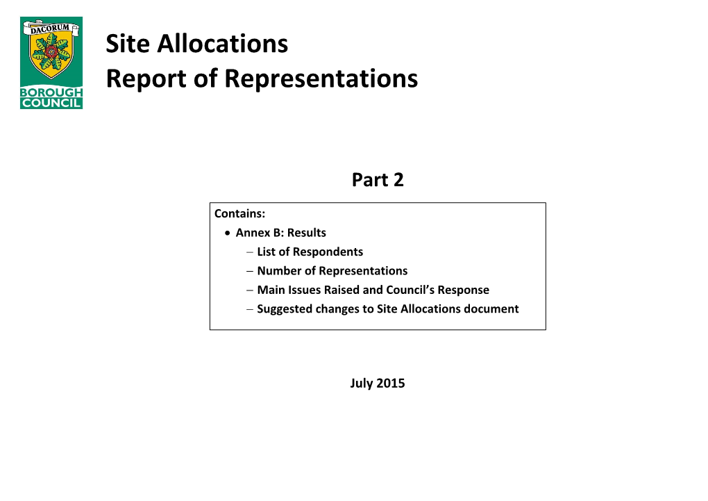 Site Allocations Report of Representations