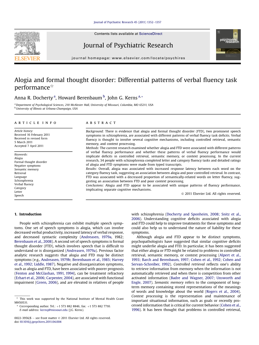 Alogia and Formal Thought Disorder: Differential Patterns of Verbal ﬂuency Task Performanceq