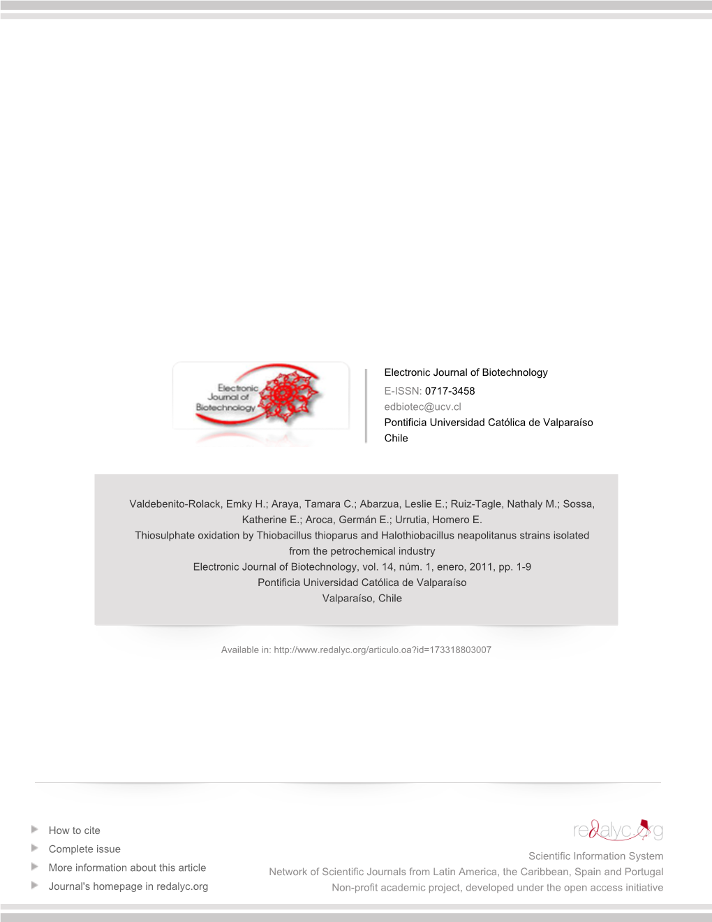 Redalyc.Thiosulphate Oxidation by Thiobacillus Thioparus And