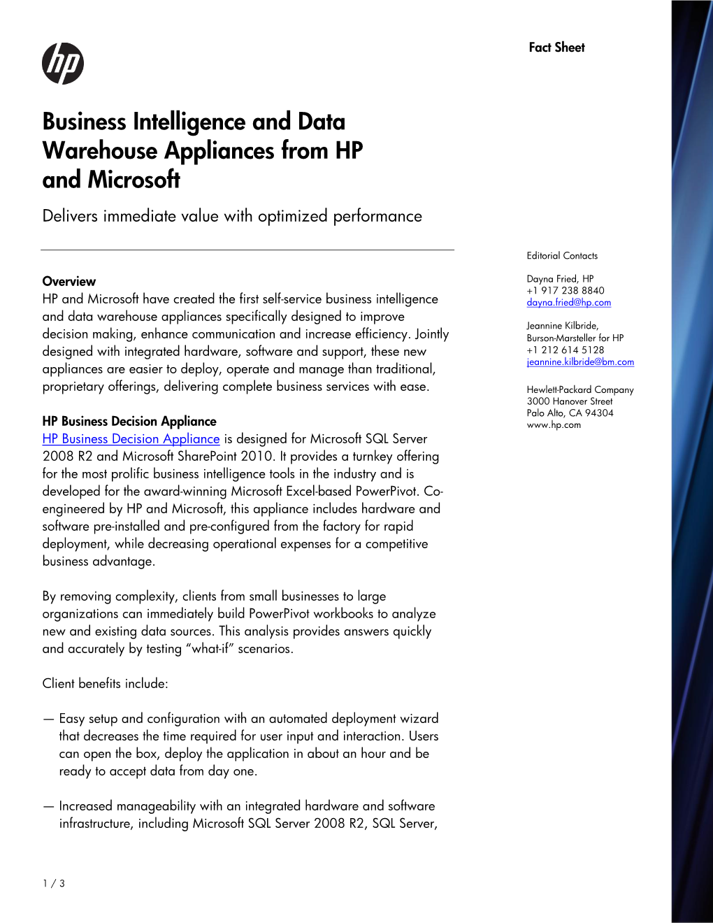 Business Intelligence and Data Warehouse Appliances from HP and Microsoft Delivers Immediate Value with Optimized Performance