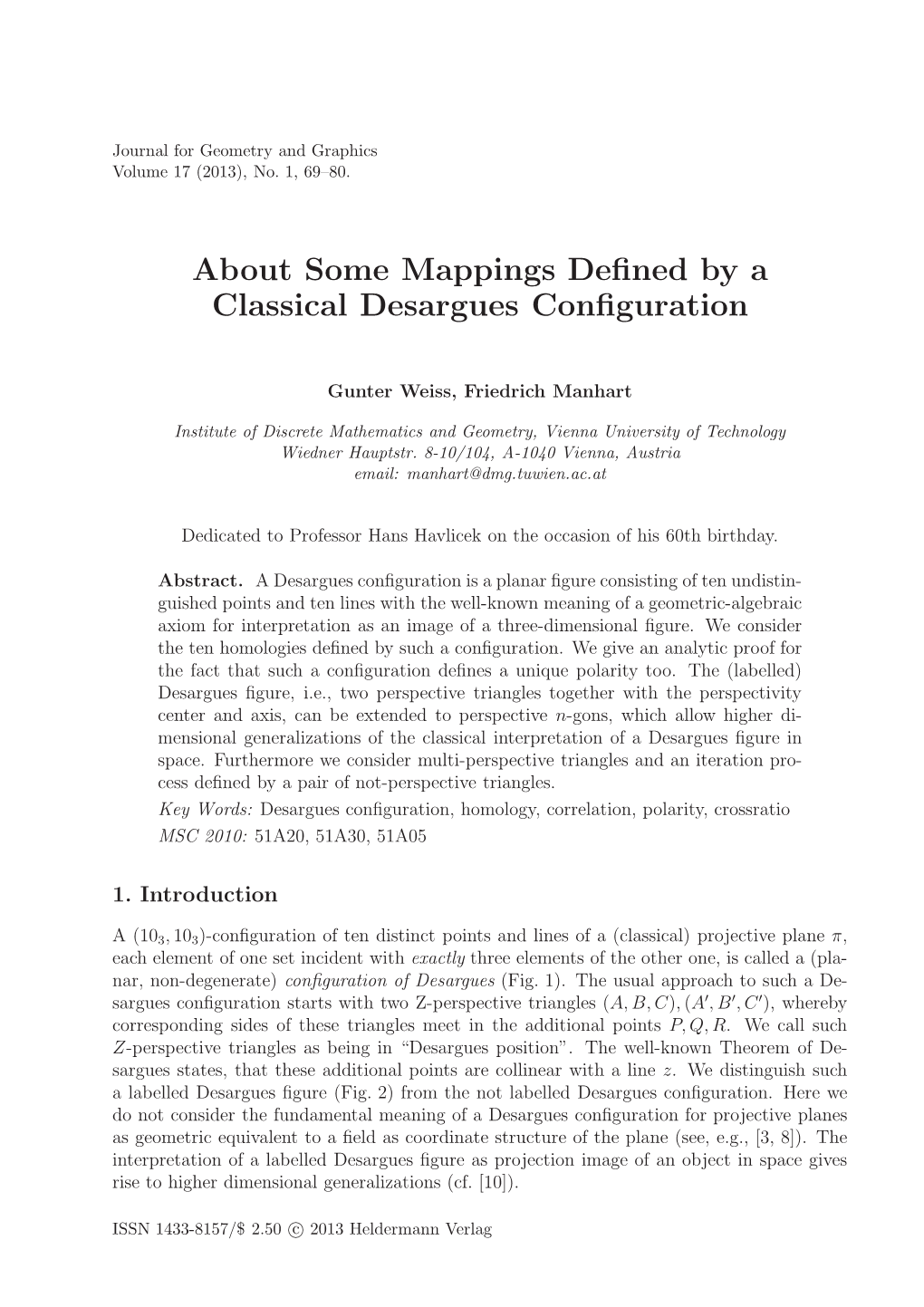 About Some Mappings Defined by a Classical Desargues Configuration