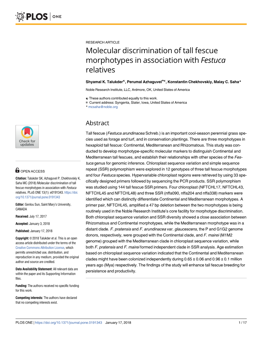 Molecular Discrimination of Tall Fescue Morphotypes in Association with Festuca Relatives