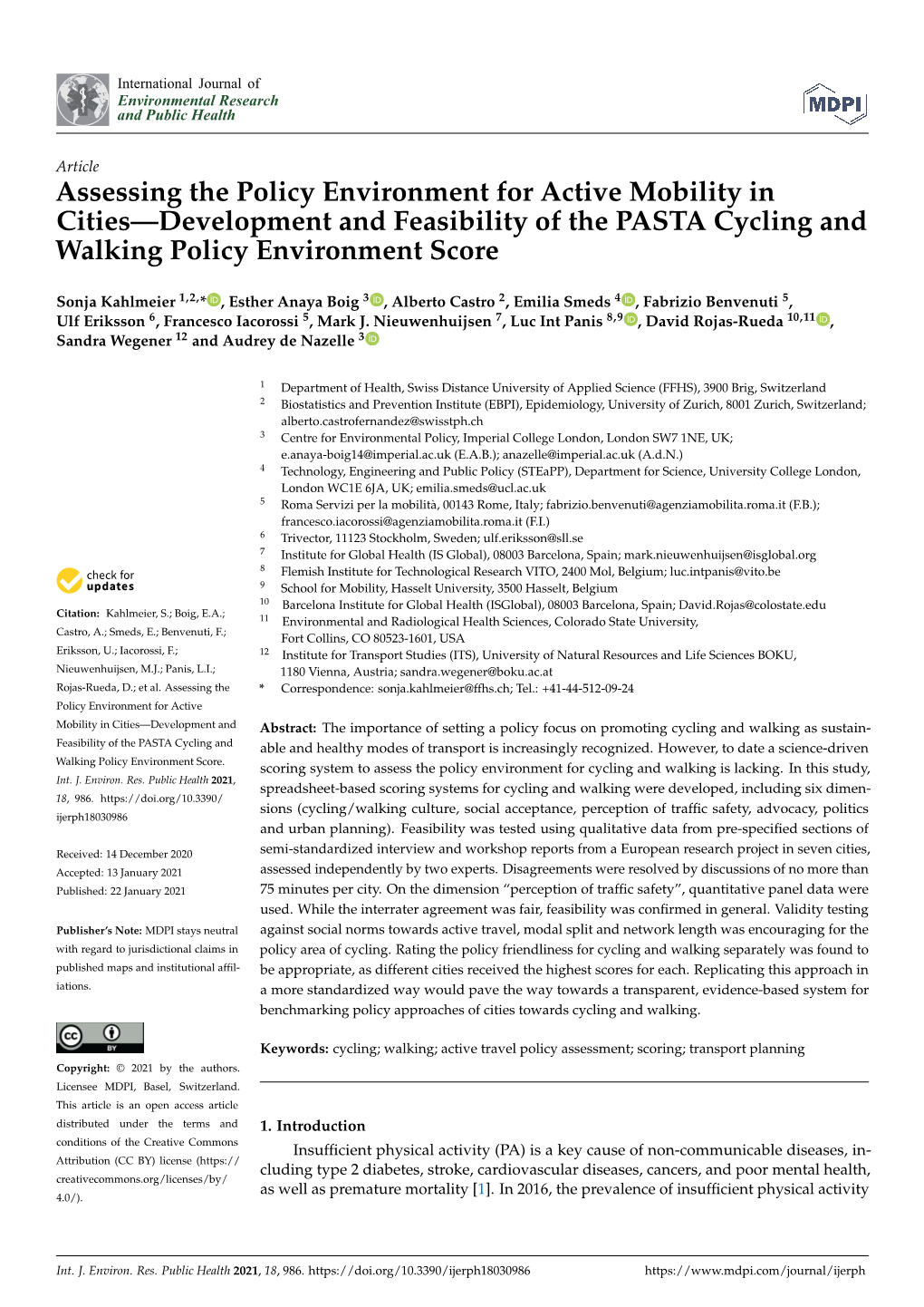 Assessing the Policy Environment for Active Mobility in Cities—Development and Feasibility of the PASTA Cycling and Walking Policy Environment Score