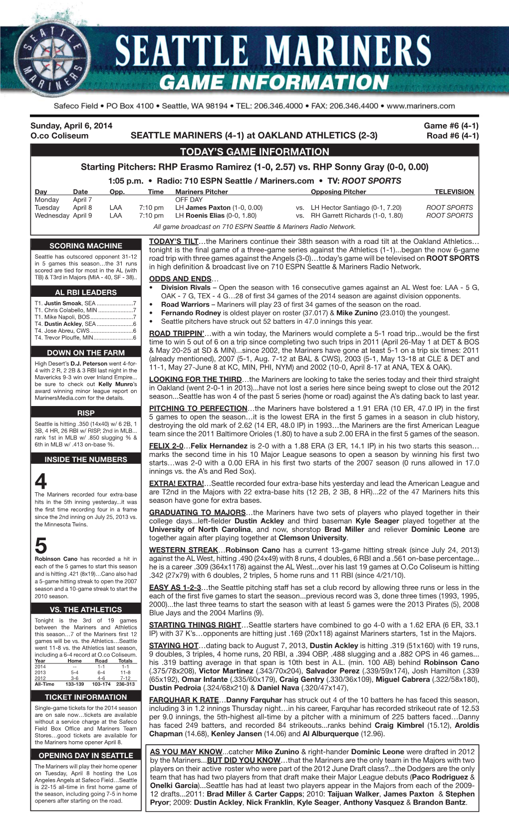04-06-2014 Mariners Game Notes