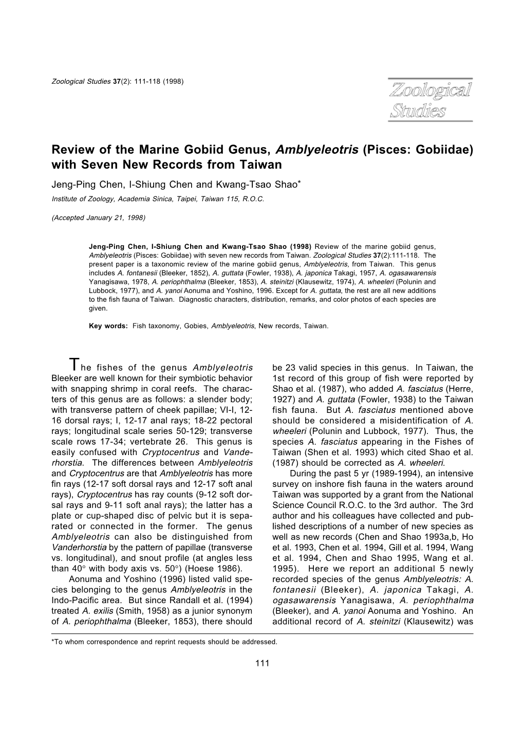 Review of the Marine Gobiid Genus, Amblyeleotris