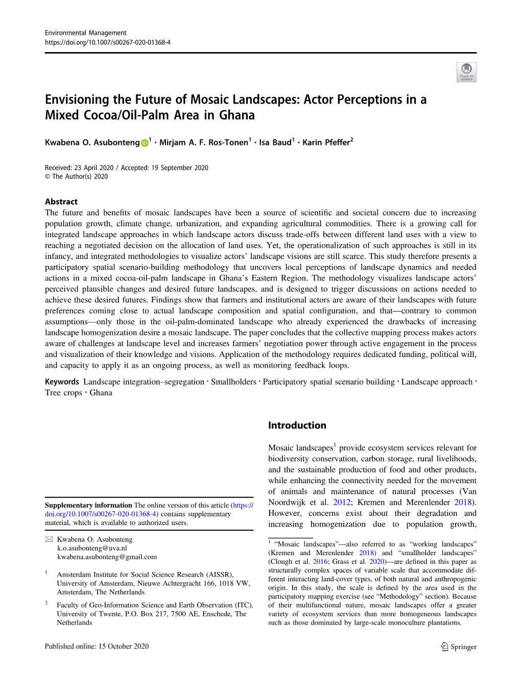 Envisioning the Future of Mosaic Landscapes: Actor Perceptions in a Mixed Cocoa/Oil-Palm Area in Ghana