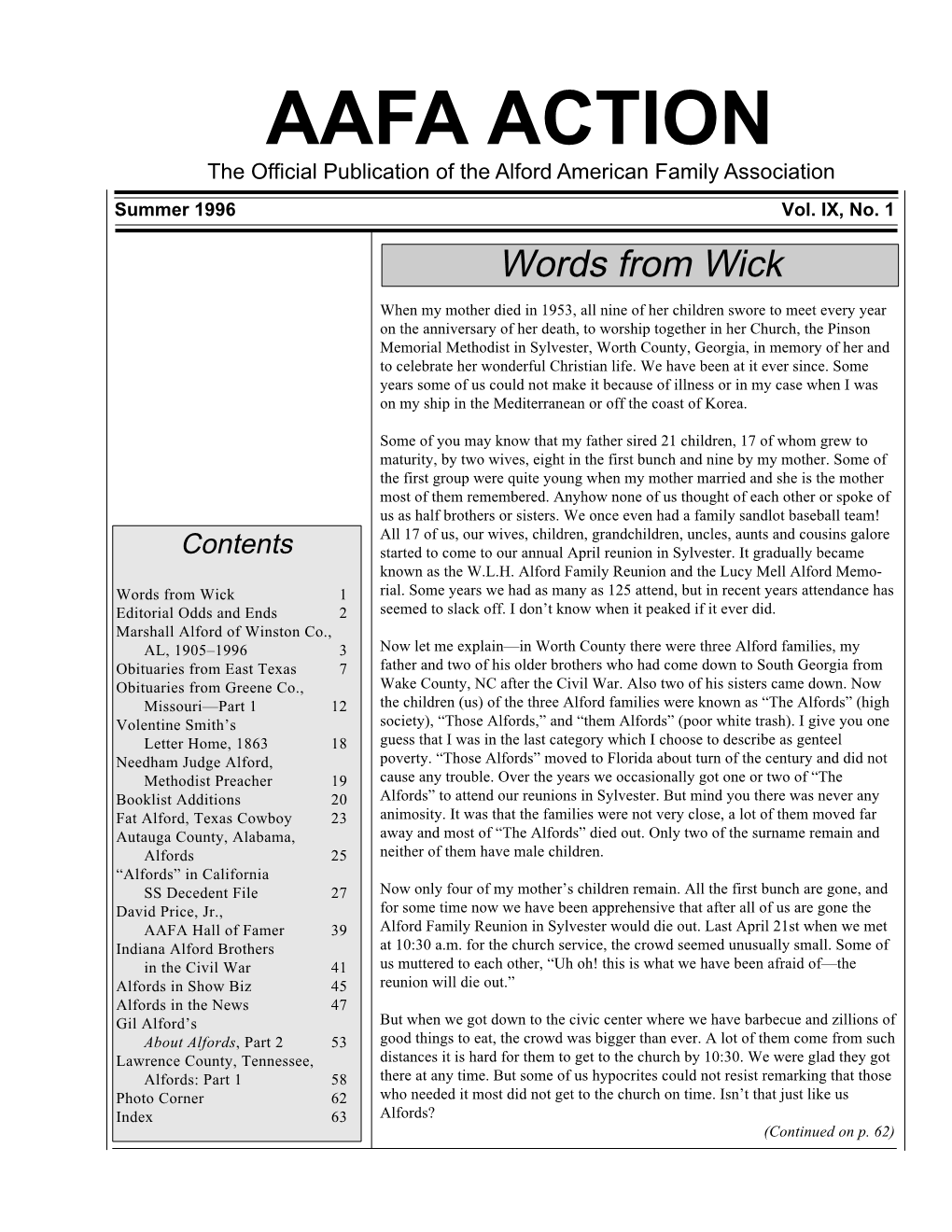 AAFA ACTION Summer 1996 AAFA Officers Editorial Odds and Ends Alford American Family Association Probate Records