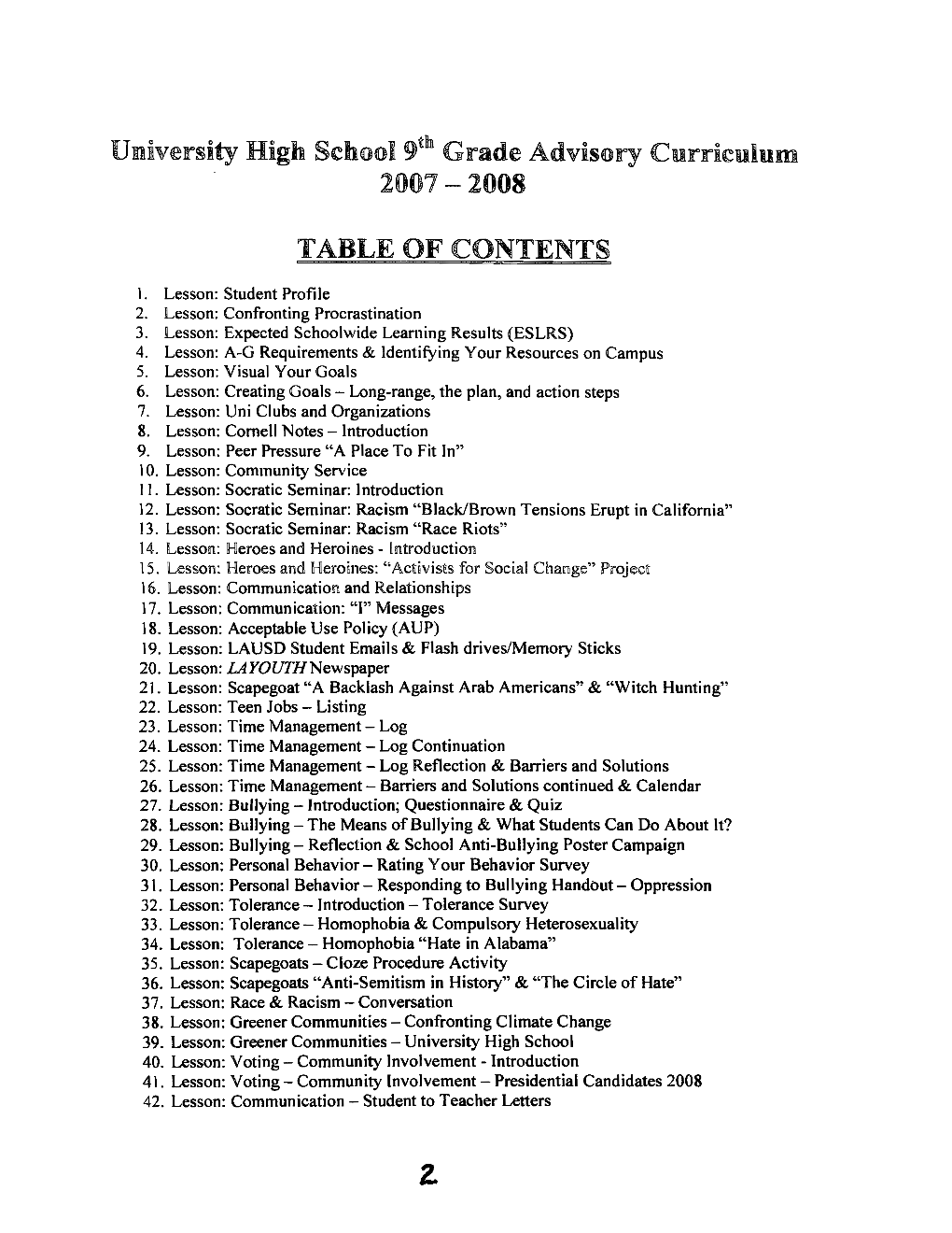 University High School 9 Grade Advisory Curriculum TABLE OF