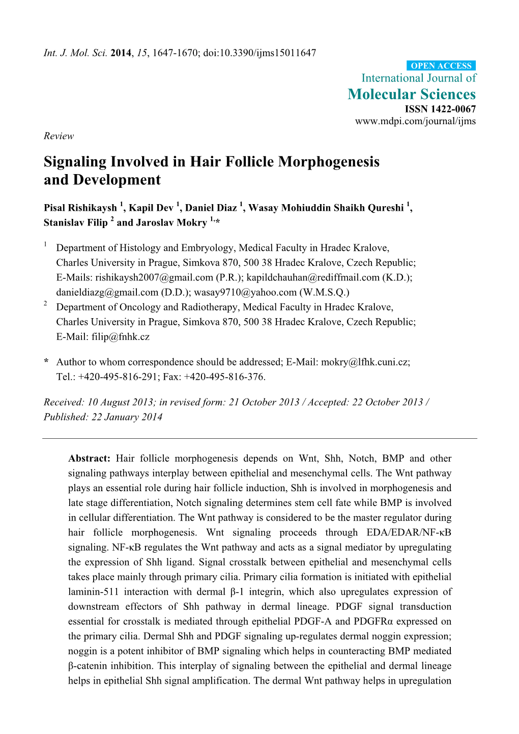 Signaling Involved in Hair Follicle Morphogenesis and Development