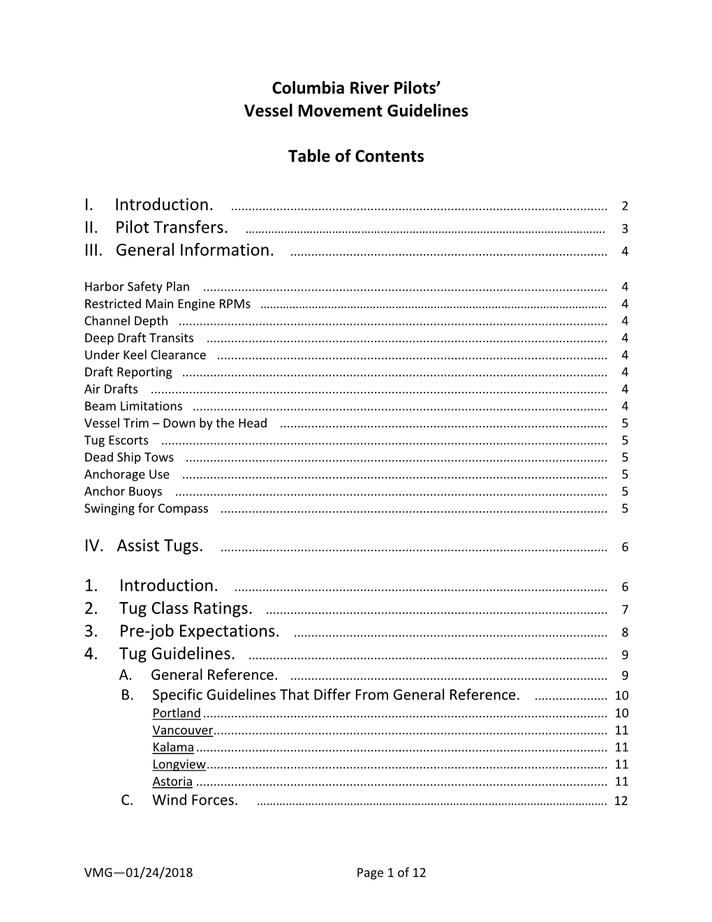 Columbia River Pilots' Vessel Movement Guidelines Table Of