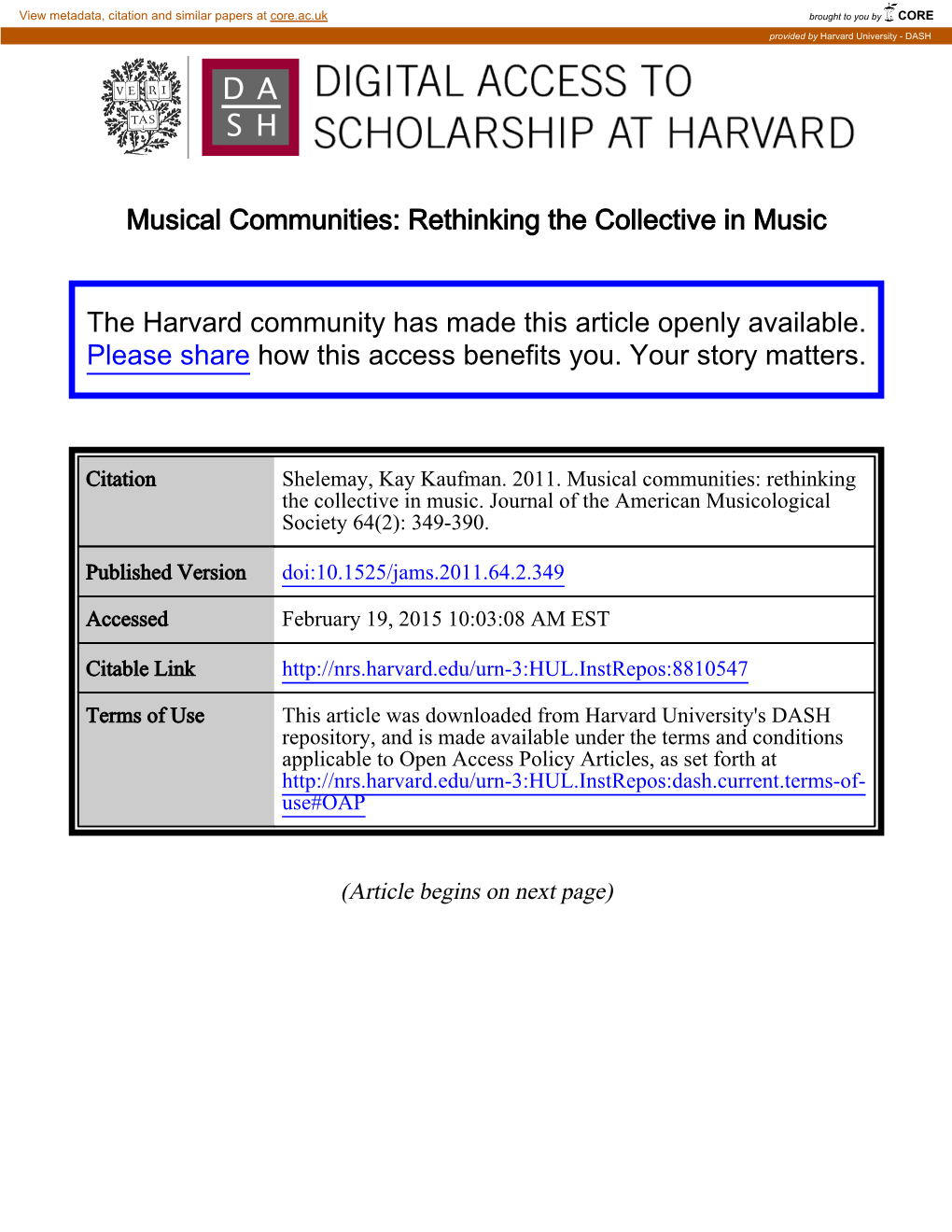 Rethinking the Collective in Music the Harvard Community Has Made This