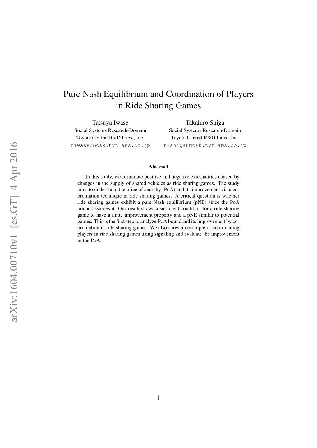 Pure Nash Equilibrium and Coordination of Players in Ride Sharing Games