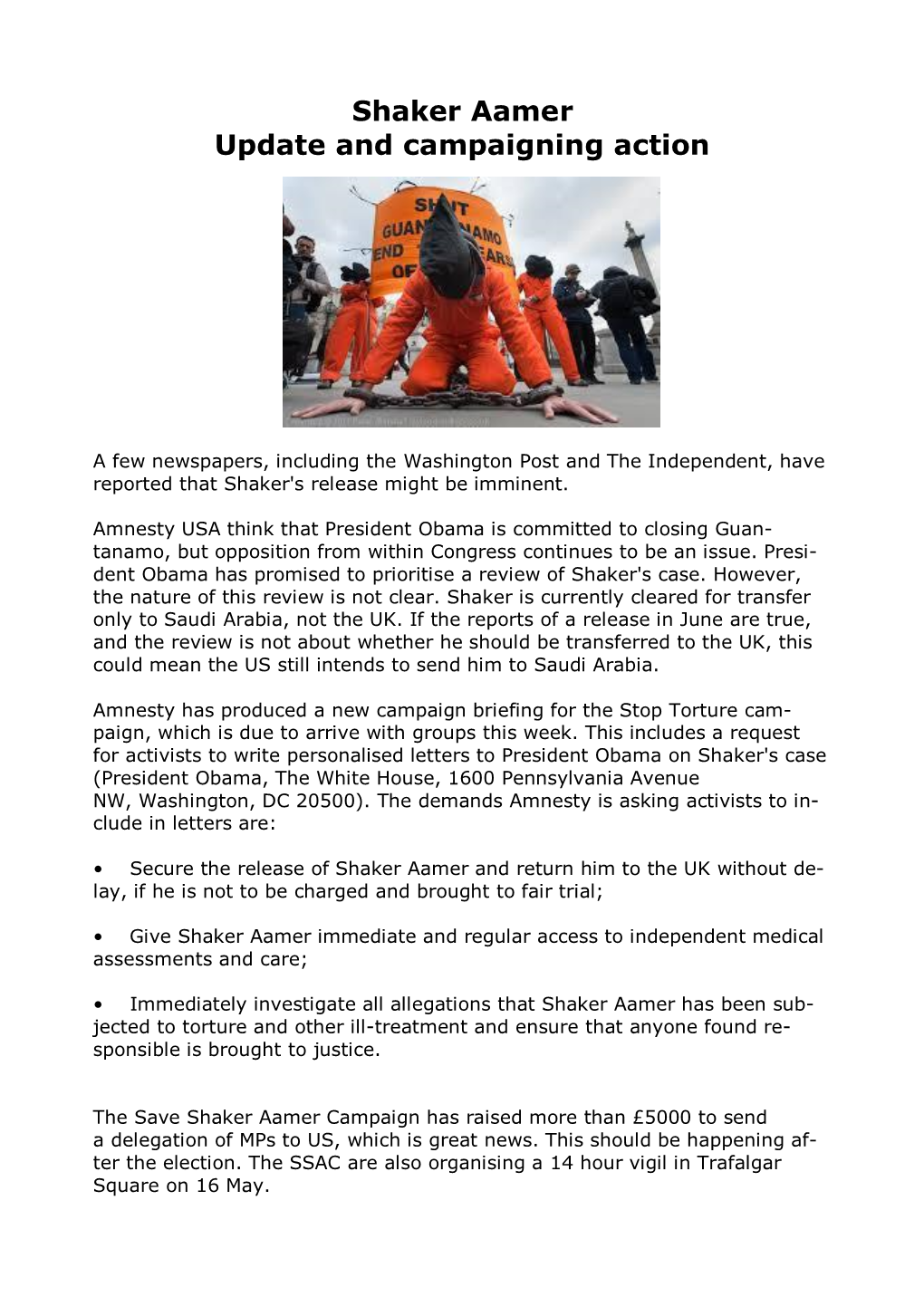 Shaker Aamer Update and Campaigning Action