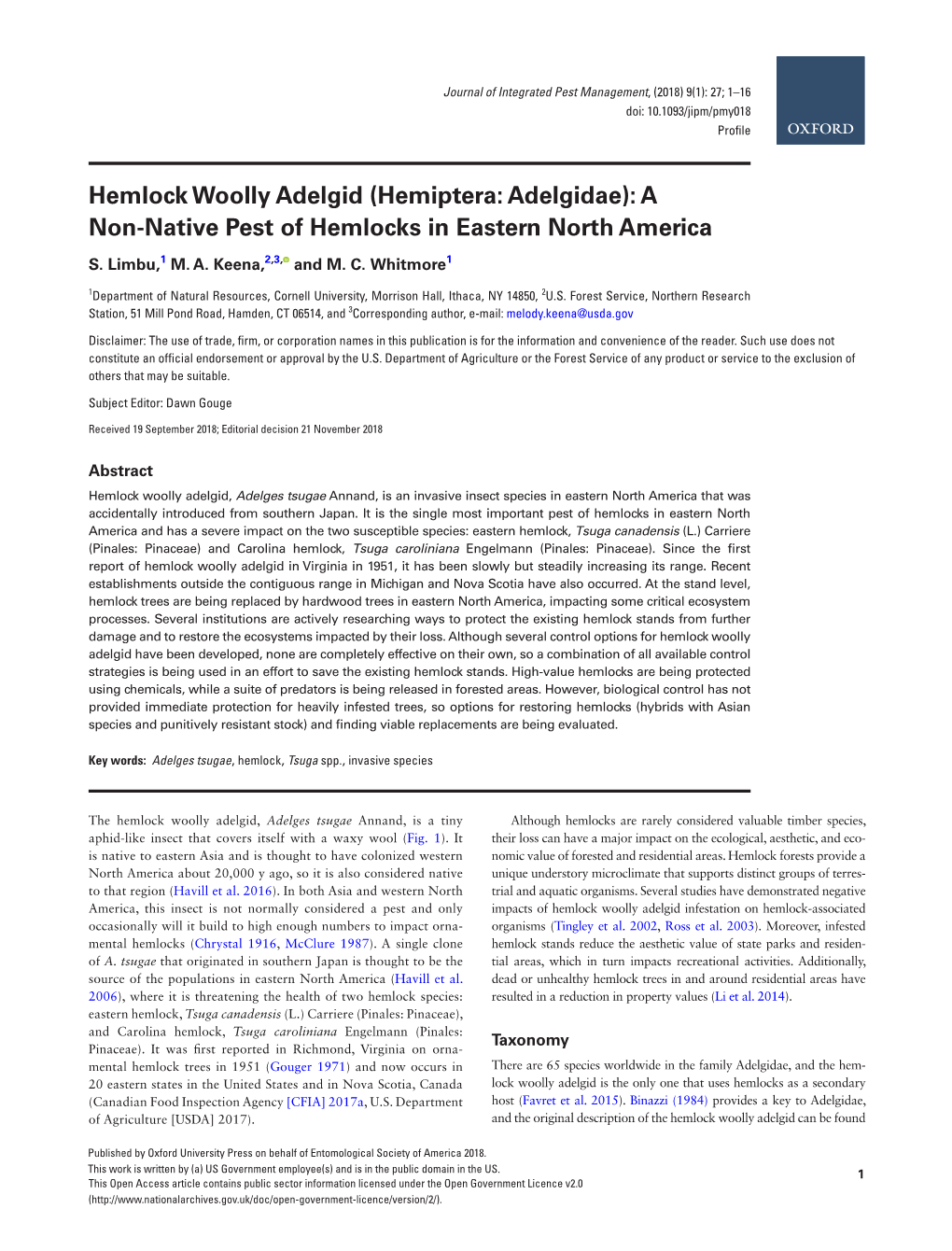 Hemlock Woolly Adelgid (Hemiptera: Adelgidae): a Non-Native Pest of Hemlocks in Eastern North America