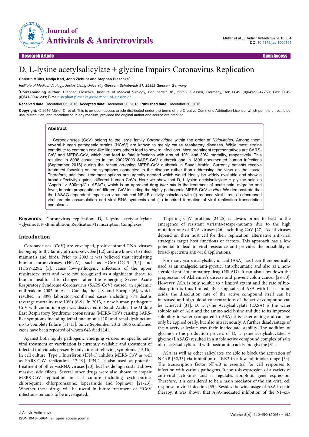 D, L-Lysine Acetylsalicylate + Glycine Impairs Coronavirus Replication