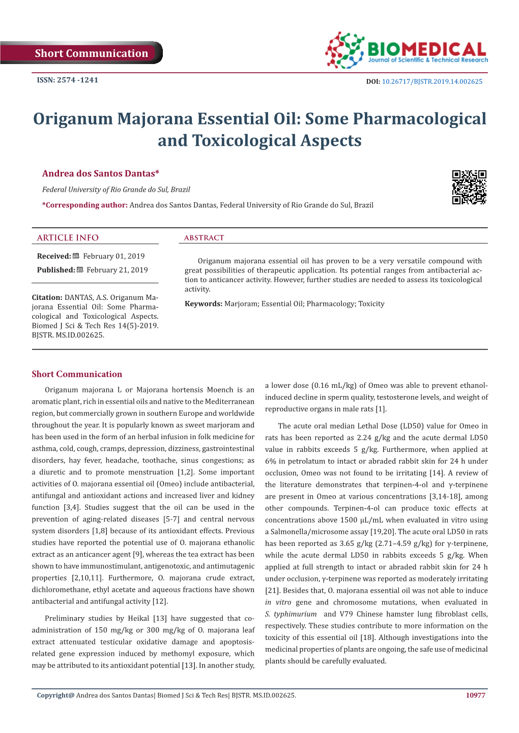 Origanum Majorana Essential Oil: Some Pharmacological and Toxicological Aspects