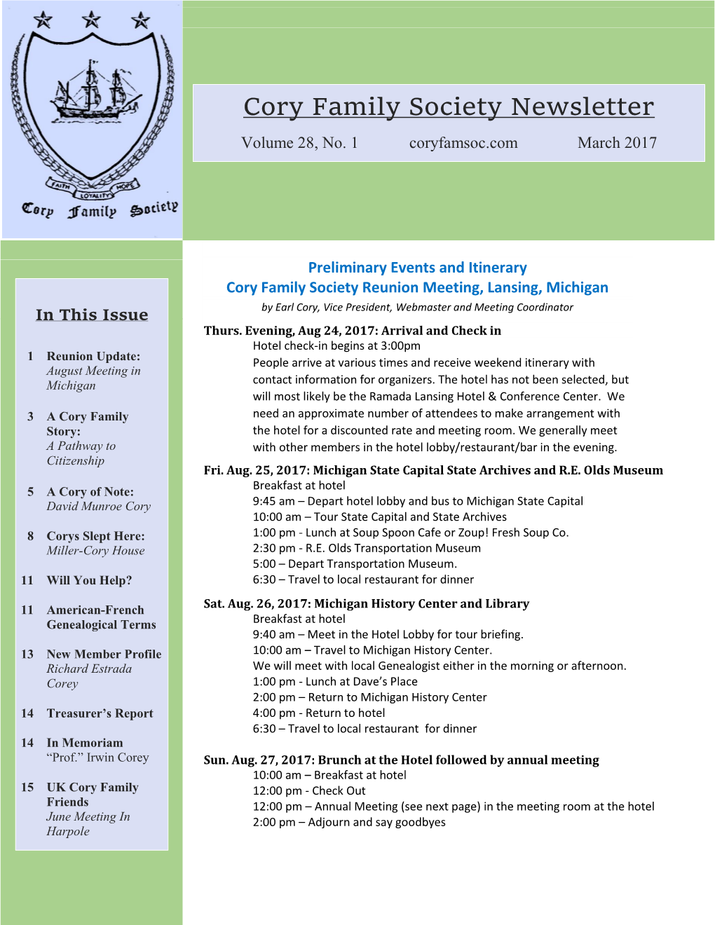 Cory Family Society Newsletter Volume 28, No