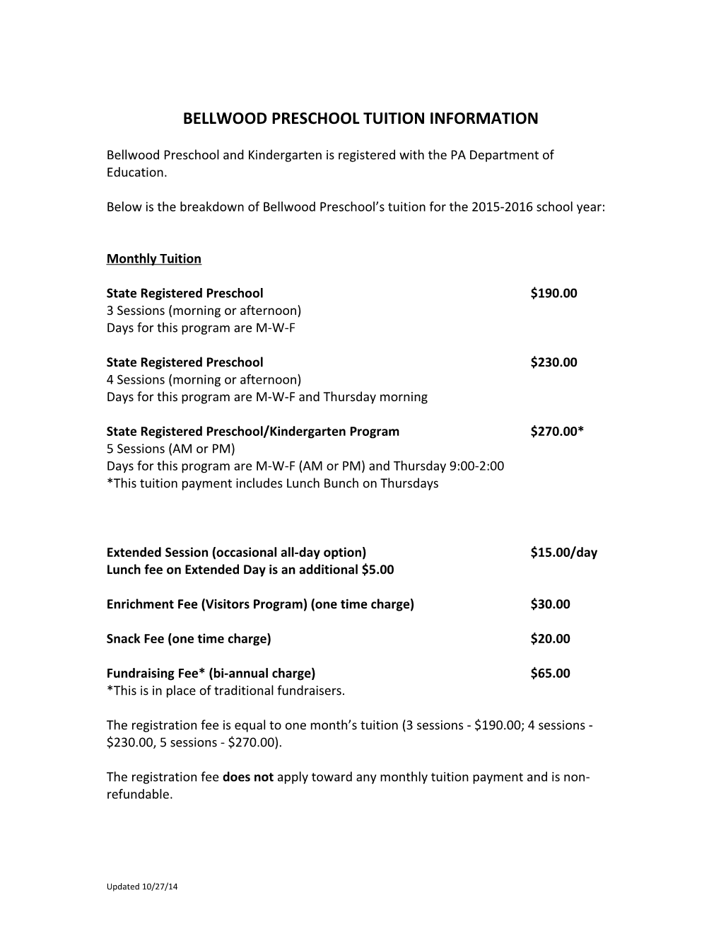 Bellwood Preschool Tuition Information