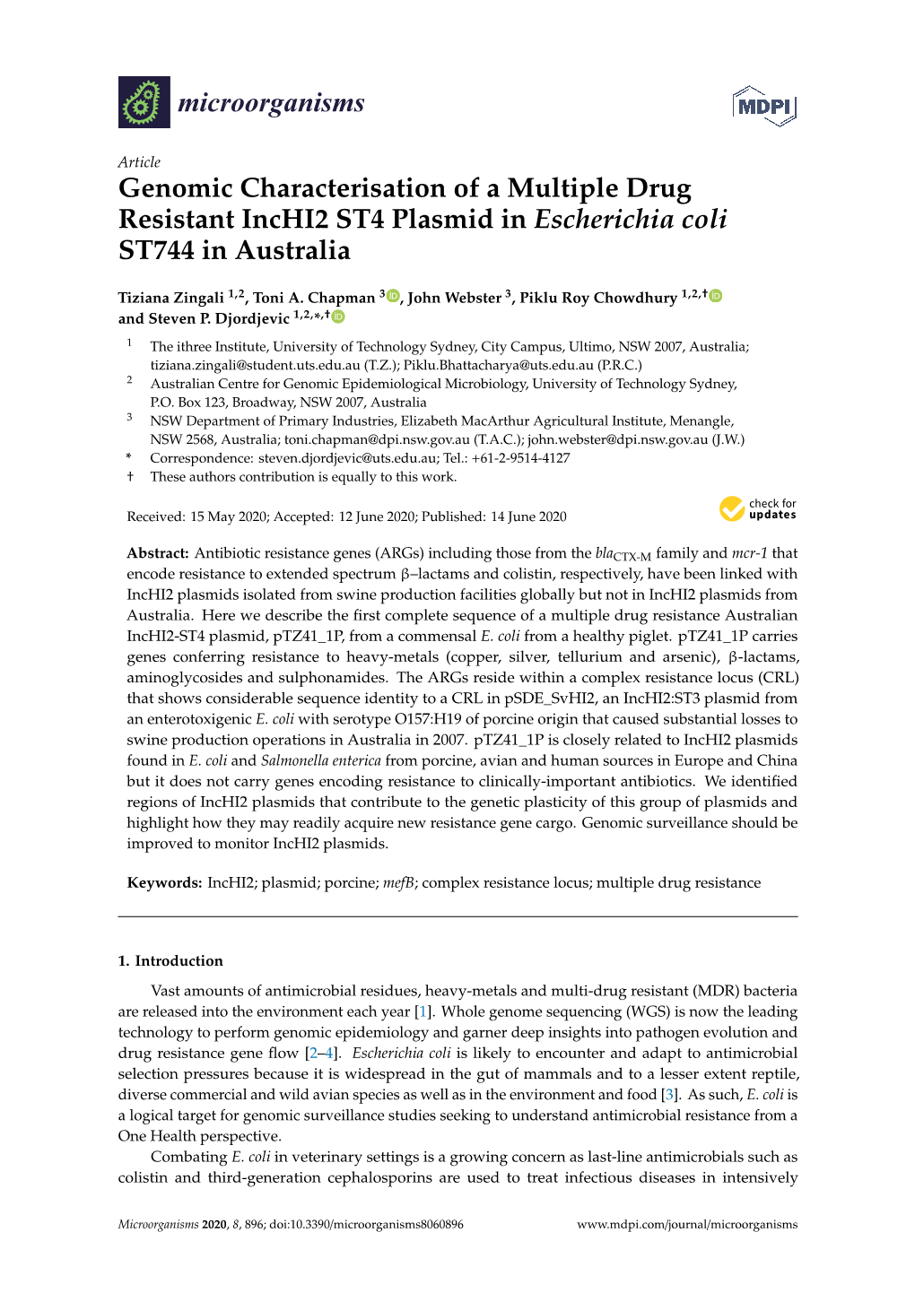 Genomic Characterisation of a Multiple Drug Resistant Inchi2 ST4 Plasmid in Escherichia Coli ST744 in Australia