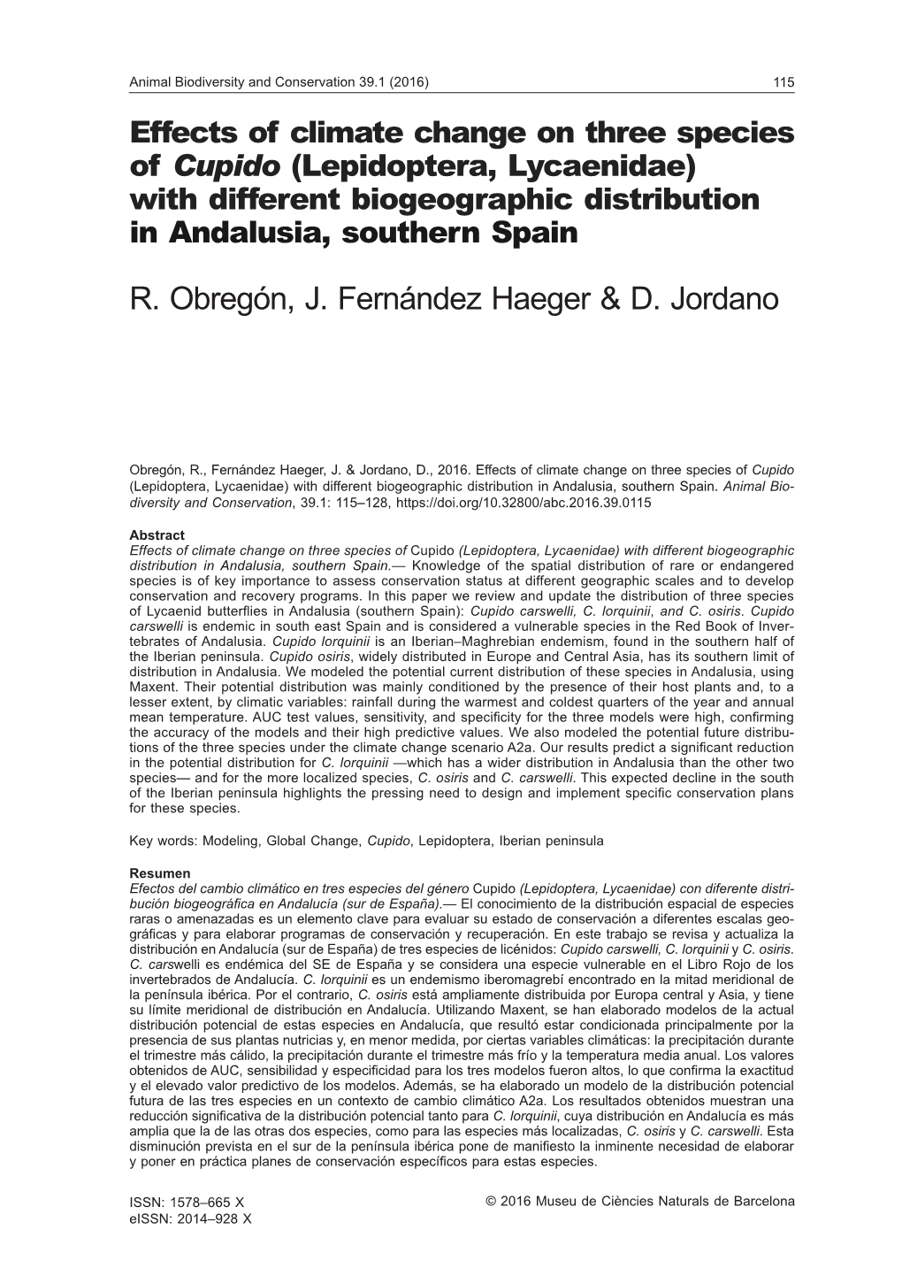 Effects of Climate Change on Three Species of Cupido (Lepidoptera, Lycaenidae) with Different Biogeographic Distribution in Andalusia, Southern Spain