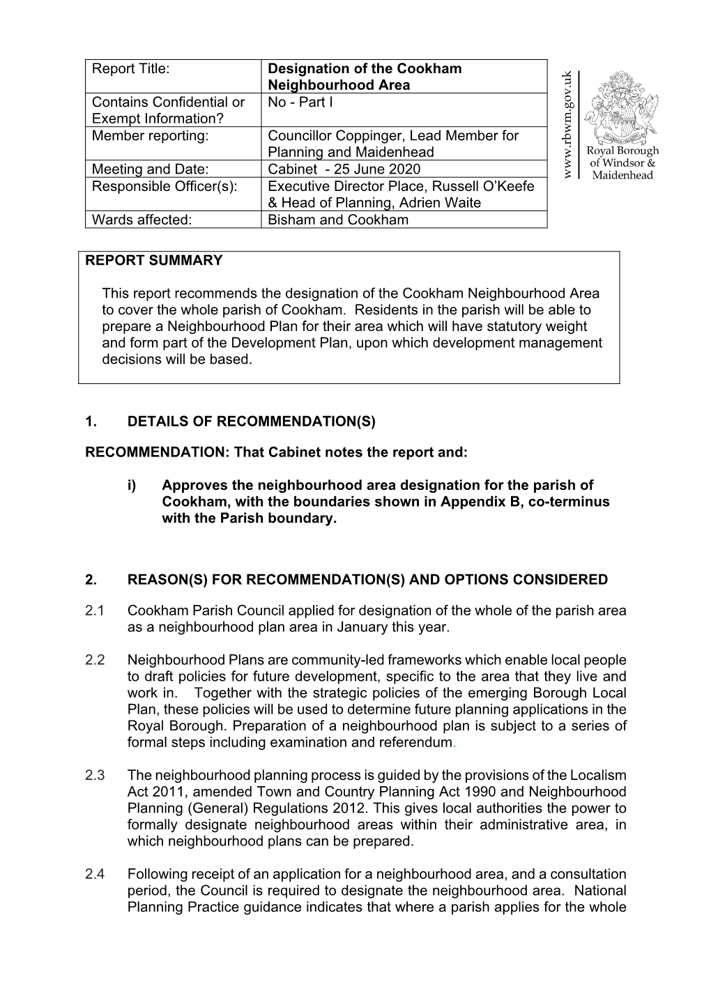 Designation of the Cookham Neighbourhood Area PDF 594 KB