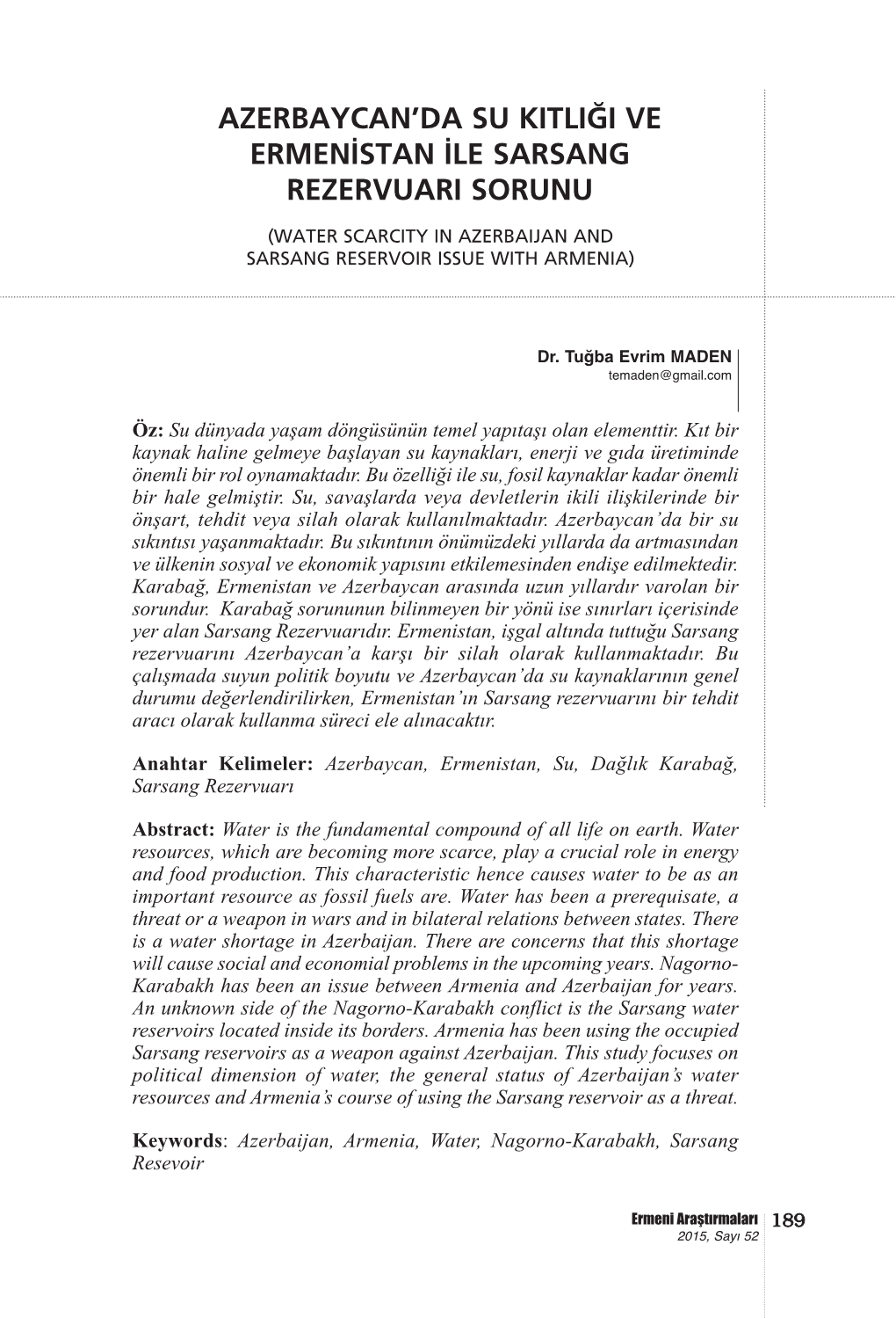 Azerbaycan'da Su Kıtlığı Ve Ermenistan Ile Sarsang Rezervuarı Sorunu