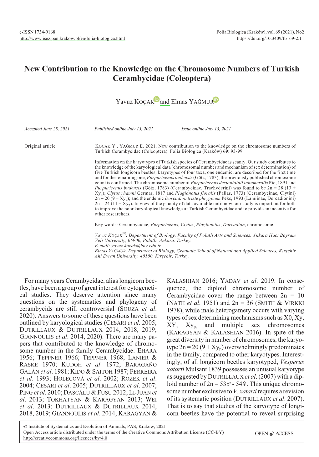 New Contribution to the Knowledge on the Chromosome Numbers of Turkish Cerambycidae (Coleoptera)