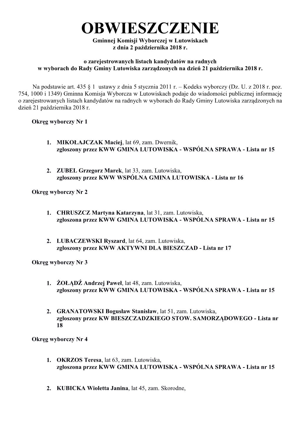 OBWIESZCZENIE Gminnej Komisji Wyborczej W Lutowiskach Z Dnia 2 Października 2018 R