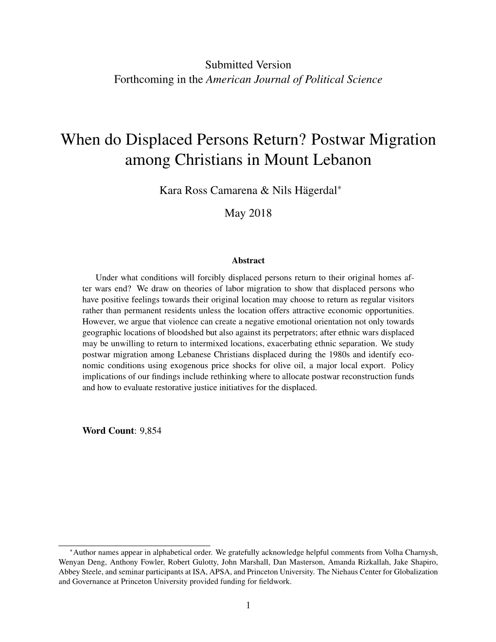 When Do Displaced Persons Return? Postwar Migration Among Christians in Mount Lebanon