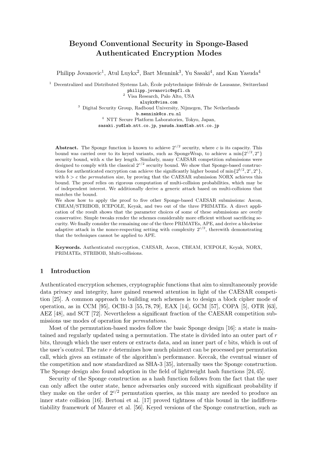 Beyond Conventional Security in Sponge-Based Authenticated Encryption Modes