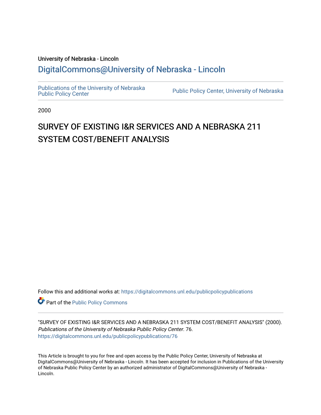 Survey of Existing I&R Services and a Nebraska 211 System Cost/Benefit