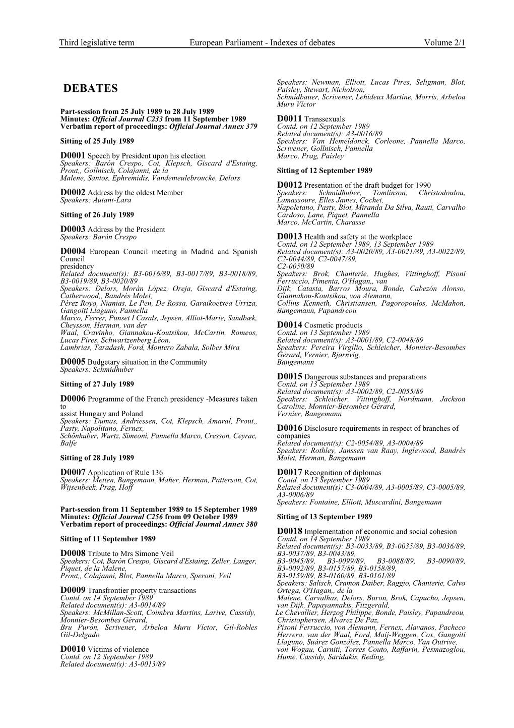 Third Legislative Term European Parliament - Indexes of Debates Volume 2/1