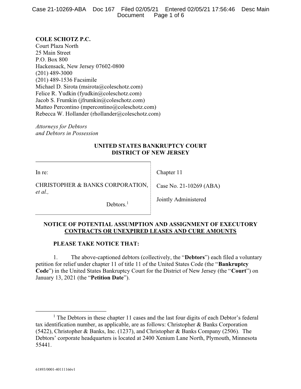 Case 21-10269-ABA Doc 167 Filed 02/05/21 Entered 02/05/21 17:56:46 Desc Main Document Page 1 of 6