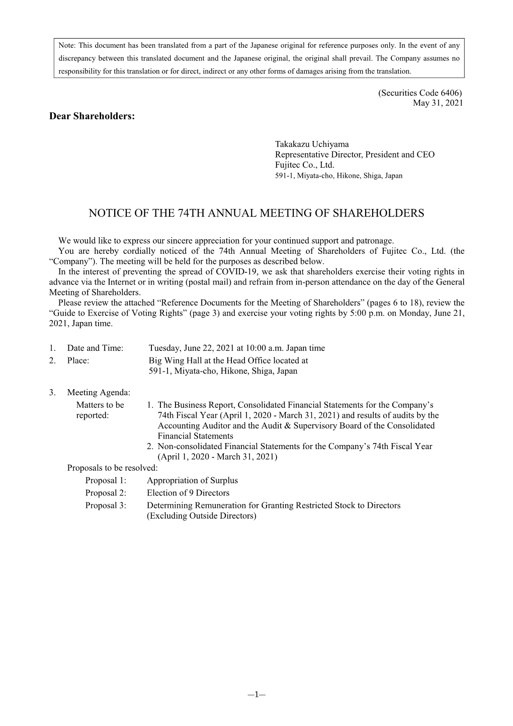 2021.05.24 Notice of the 74Th Annual Meeting of Shareholders