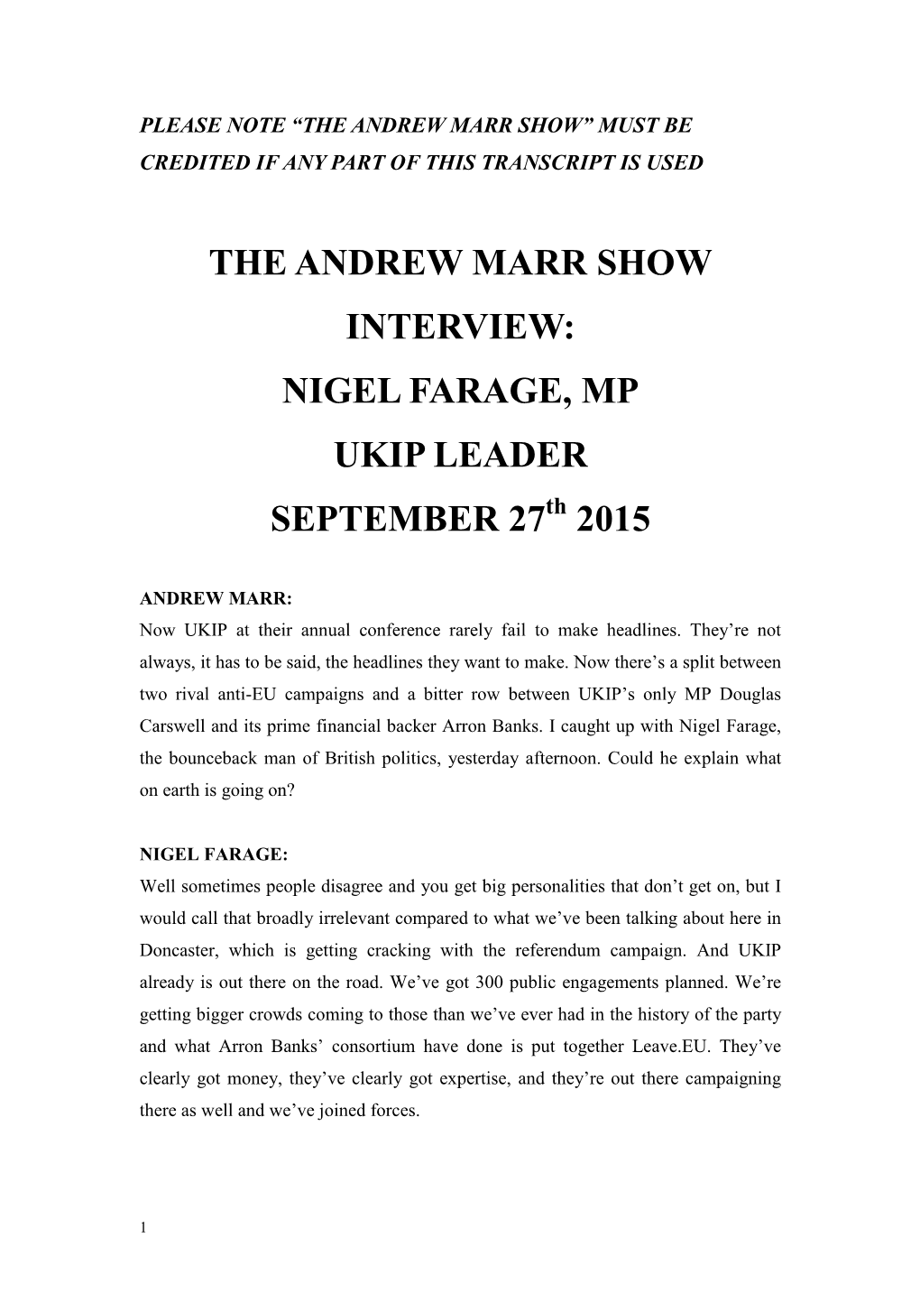 THE ANDREW MARR SHOW INTERVIEW: NIGEL FARAGE, MP UKIP LEADER SEPTEMBER 27Th 2015