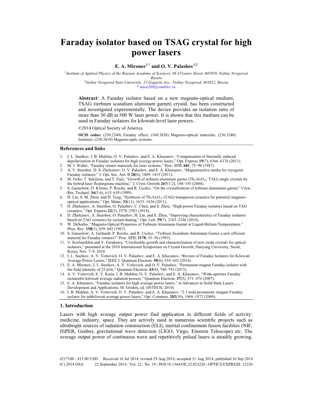 Faraday Isolator Based on TSAG Crystal for High Power Lasers