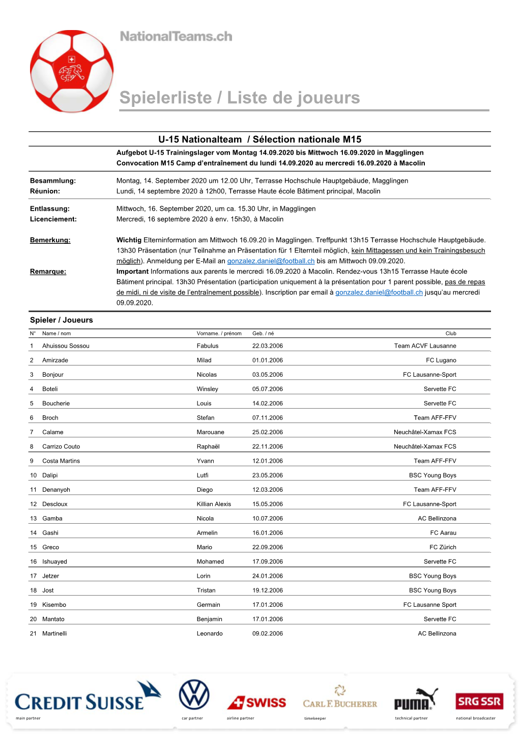 Spielerliste / Liste De Joueurs