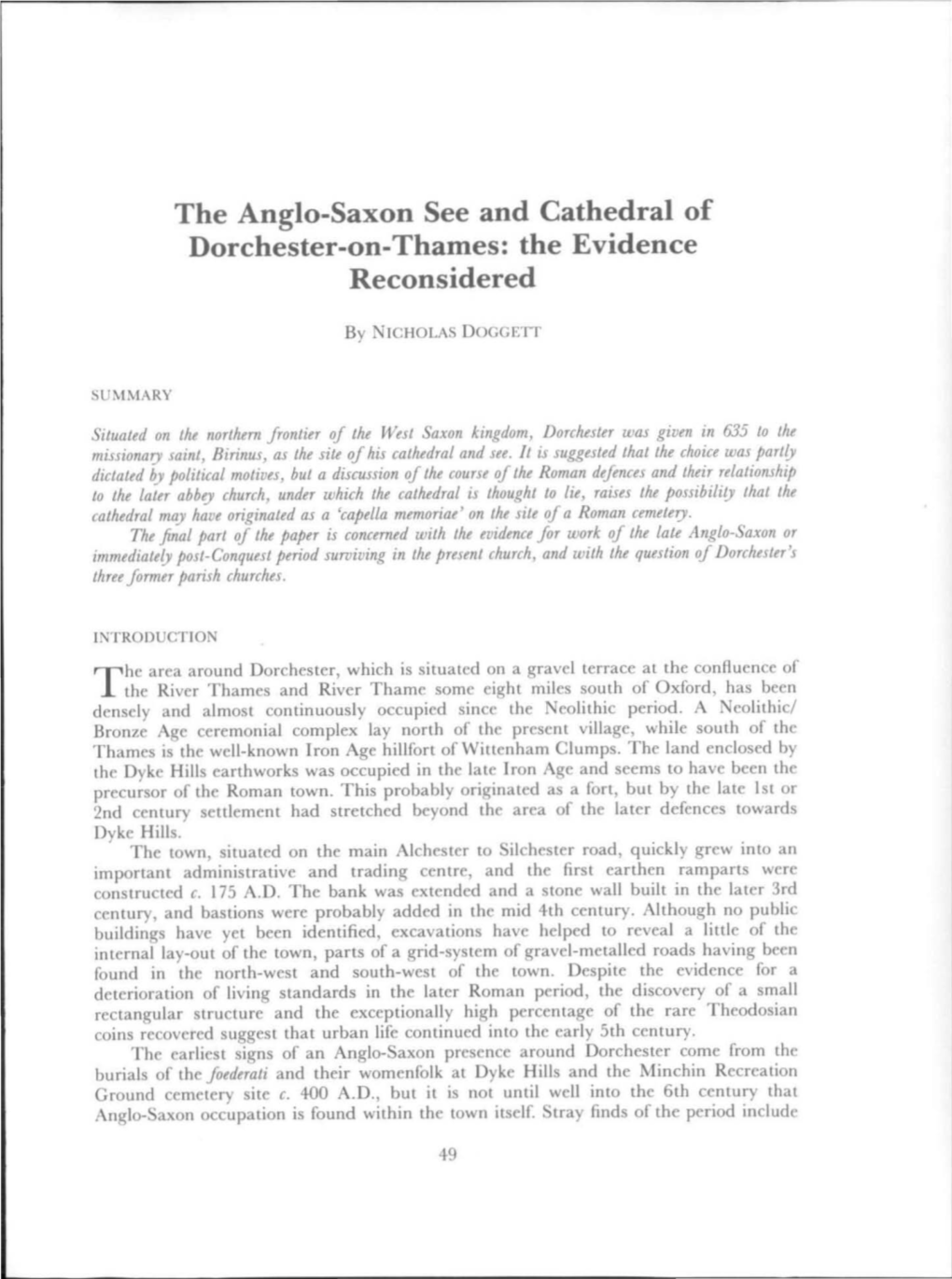 The Anglo-Saxon See and Cathedral of Dorchester-On-Thames: the Evidence Reconsidered