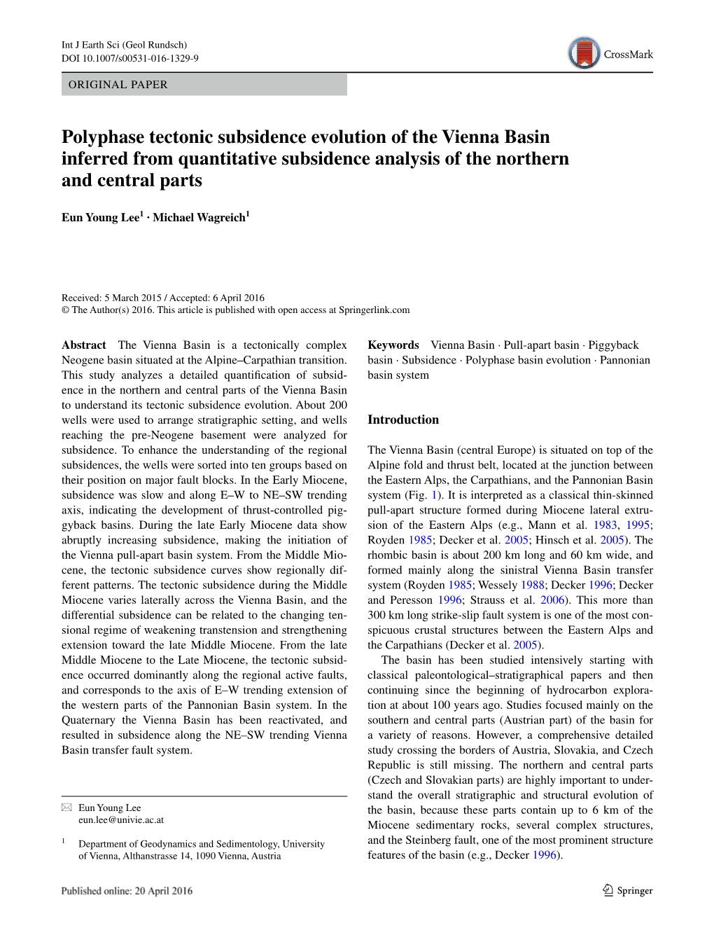 Polyphase Tectonic Subsidence Evolution of the Vienna Basin Inferred from Quantitative Subsidence Analysis of the Northern and Central Parts